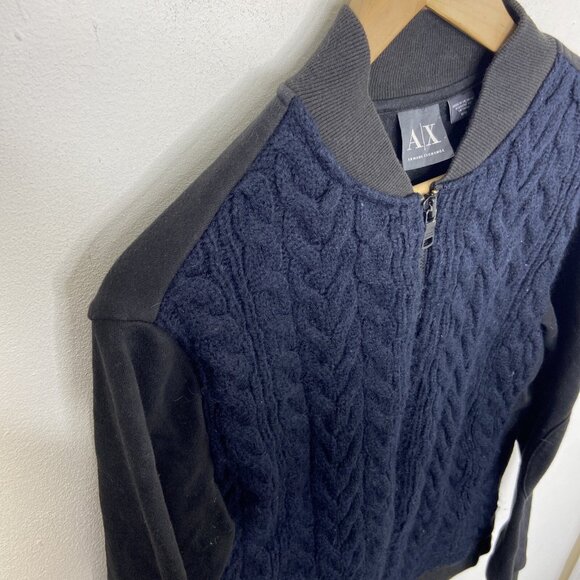 A/E Armani Exchange Men M Cable Knit Sweater Zip Jacket Blue Black Wool Blend - Picture 2 of 8